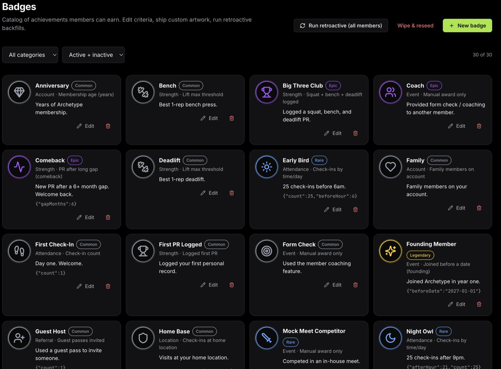 Deadbolt badges catalog — achievements members earn, with Common, Rare, Epic and Legendary rarity tiers