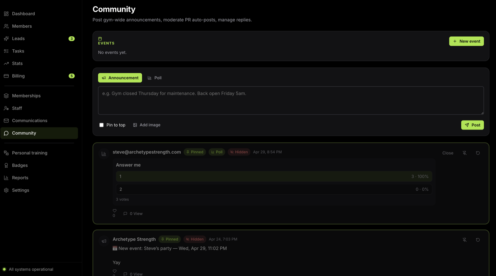 Deadbolt community screen — gym announcements, events, polls and a pinned member feed