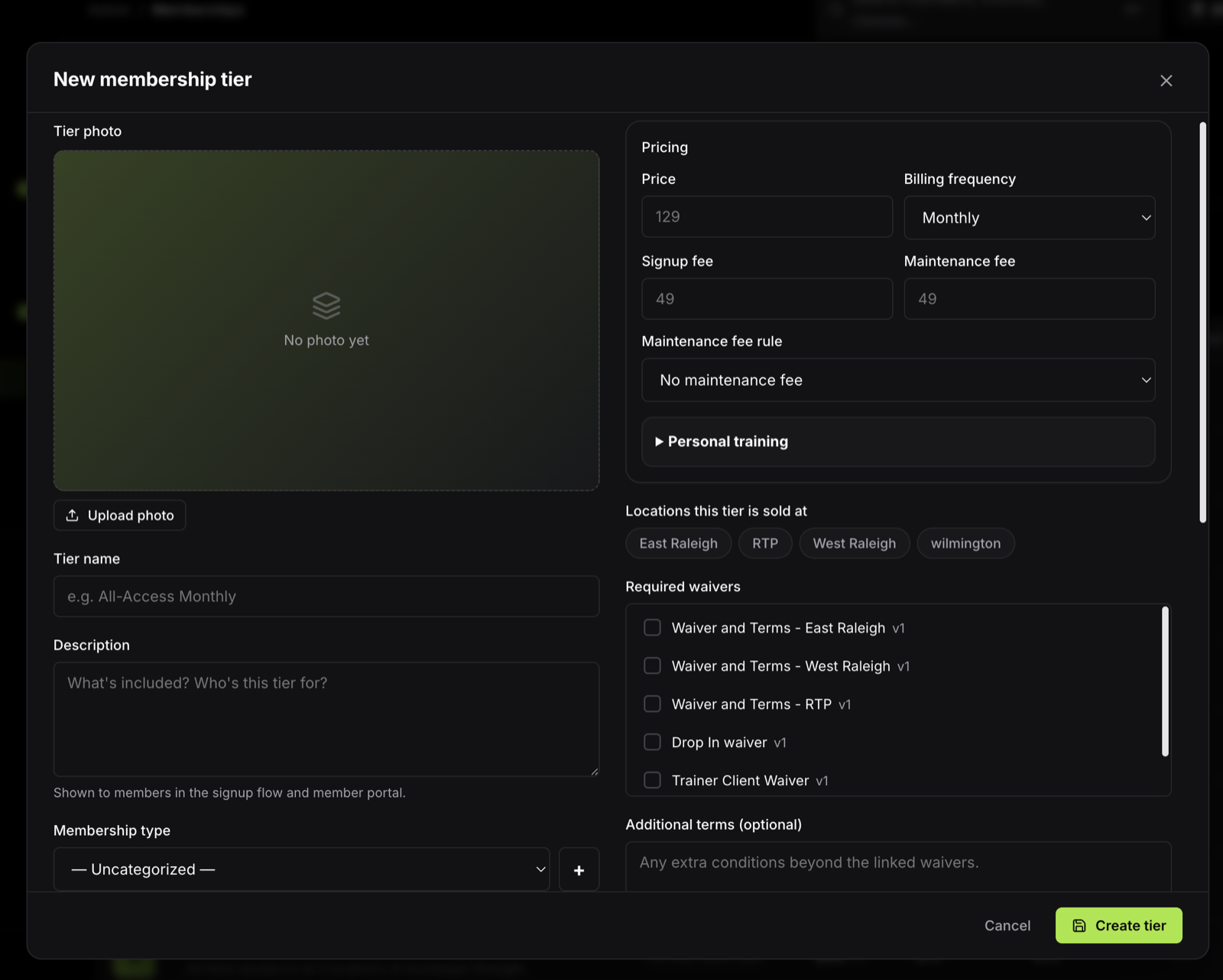 Deadbolt new membership tier editor — pricing, billing frequency, fees, locations and required waivers