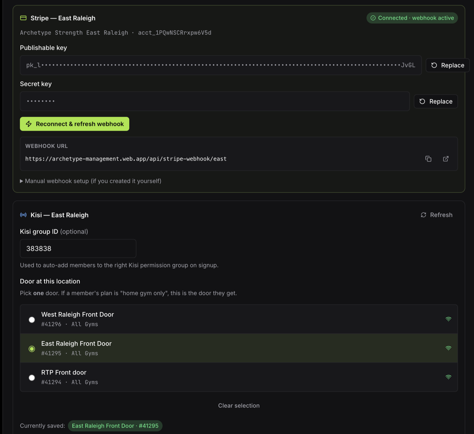 Deadbolt location settings — Stripe connected per location and Kisi door groups, with geofence unlock radius